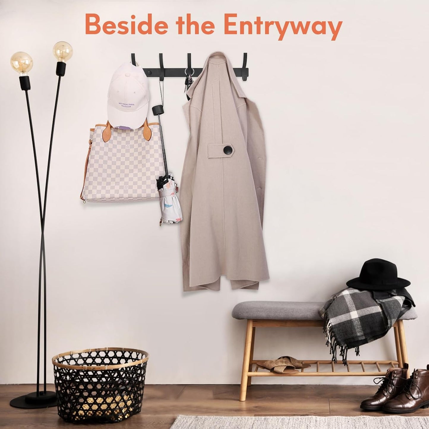 Optish Coat Rack Wall Mount, Wall Hooks for Hanging, Entry Coat Hooks Coat Hanger, Hat Rack Holder for Wall, Key Holder Purse Racks, Towel Rack for Bathrooms (2 Pack, Black)