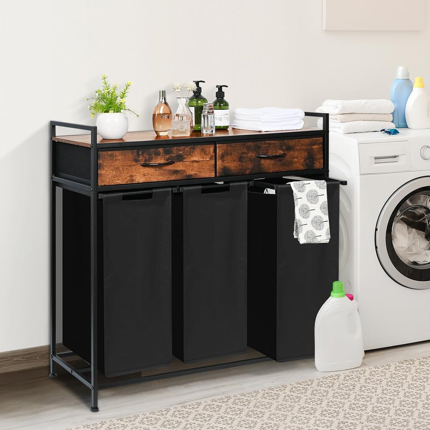 Laundry Hamper 3 Section, 150L Rolling Laundry Sorter Basket with 2 Shelves and 2 Drawers, 3 Compartment Clothes Organizer Cart with Wheels, Pull-Out Bags for Laundry Room, Bathroom, Bedroom