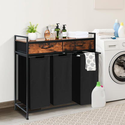 Laundry Hamper 3 Section, 150L Rolling Laundry Sorter Basket with 2 Shelves and 2 Drawers, 3 Compartment Clothes Organizer Cart with Wheels, Pull-Out Bags for Laundry Room, Bathroom, Bedroom