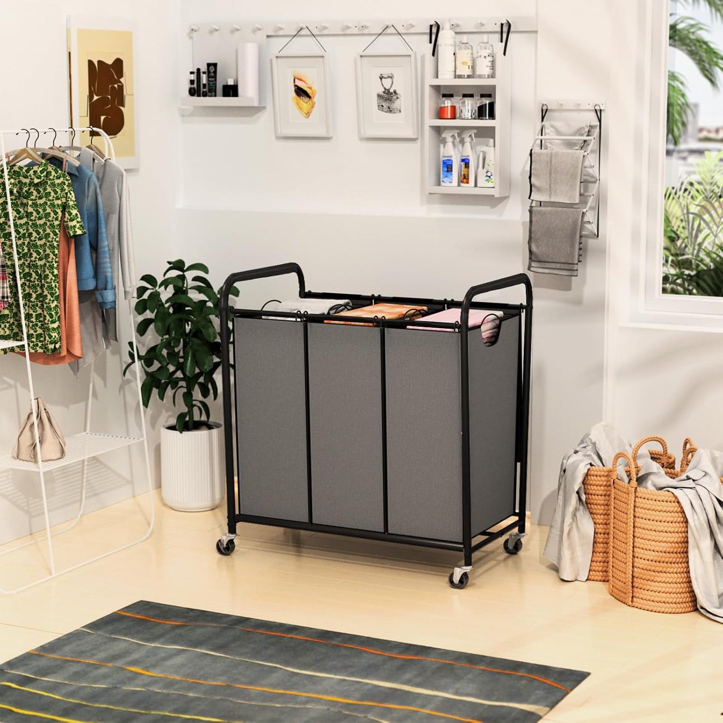 180L (47.55 Gal) Laundry Sorter 3 Section, Rolling Laundry Basket with Lockable Wheels and Lid, Laundry Hamper with 3 Separated Removable Bags Dirty Clothes Hamper for Laundry Room Organizer, Black