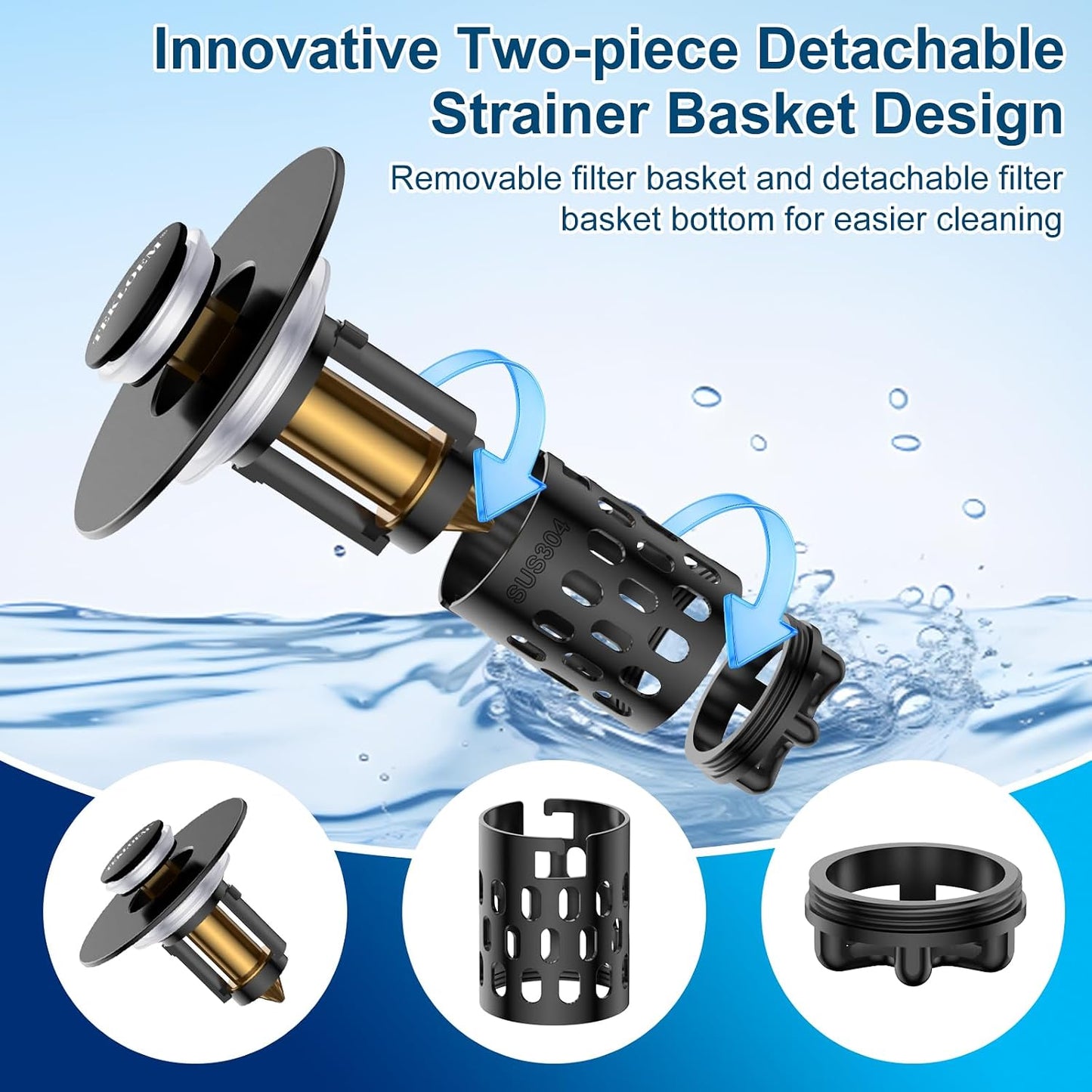 Bathroom Sink Drain Strainer,All Metal Pop-Up Sink Stopper with Removable Stainless Steel Filter Basket, Universal Bathroom Hair Catcher Fit for 1.1-2.36'' Drain (Silver, 2 Pack)