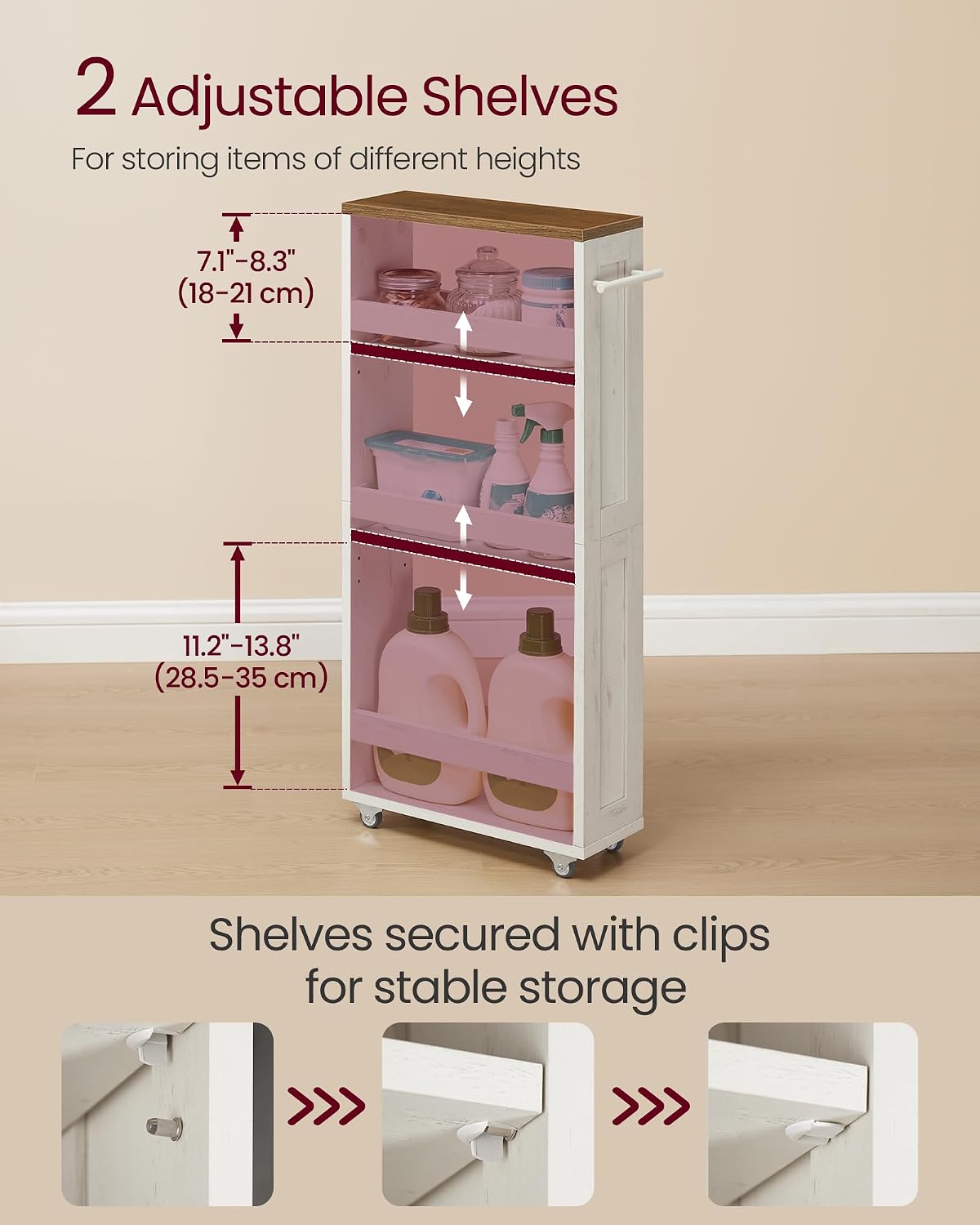 VASAGLE 4-Tier Slide-Out Storage Cart, Slim Kitchen Cart for Small Spaces, with Wheels, Handle, Bathroom, Laundry Room, 5.9 x 17 x 34.1 Inches, Rustic White and Honey Brown ULRC050K01