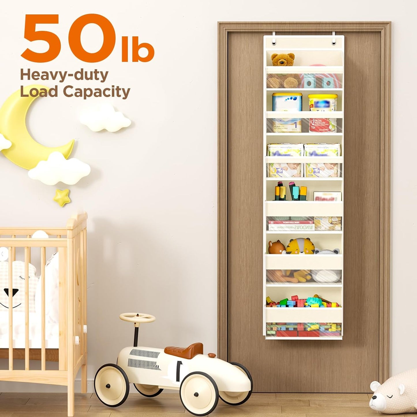 6 Tiers Over The Door Organizer, Heavy Duty Hanging Organizer Storage with Large Capacity Pockets, Behind Door Storage Hanging Shelves for Closet Wall Bathroom Bedroom Nursery Pantry, 1 Pack Grey