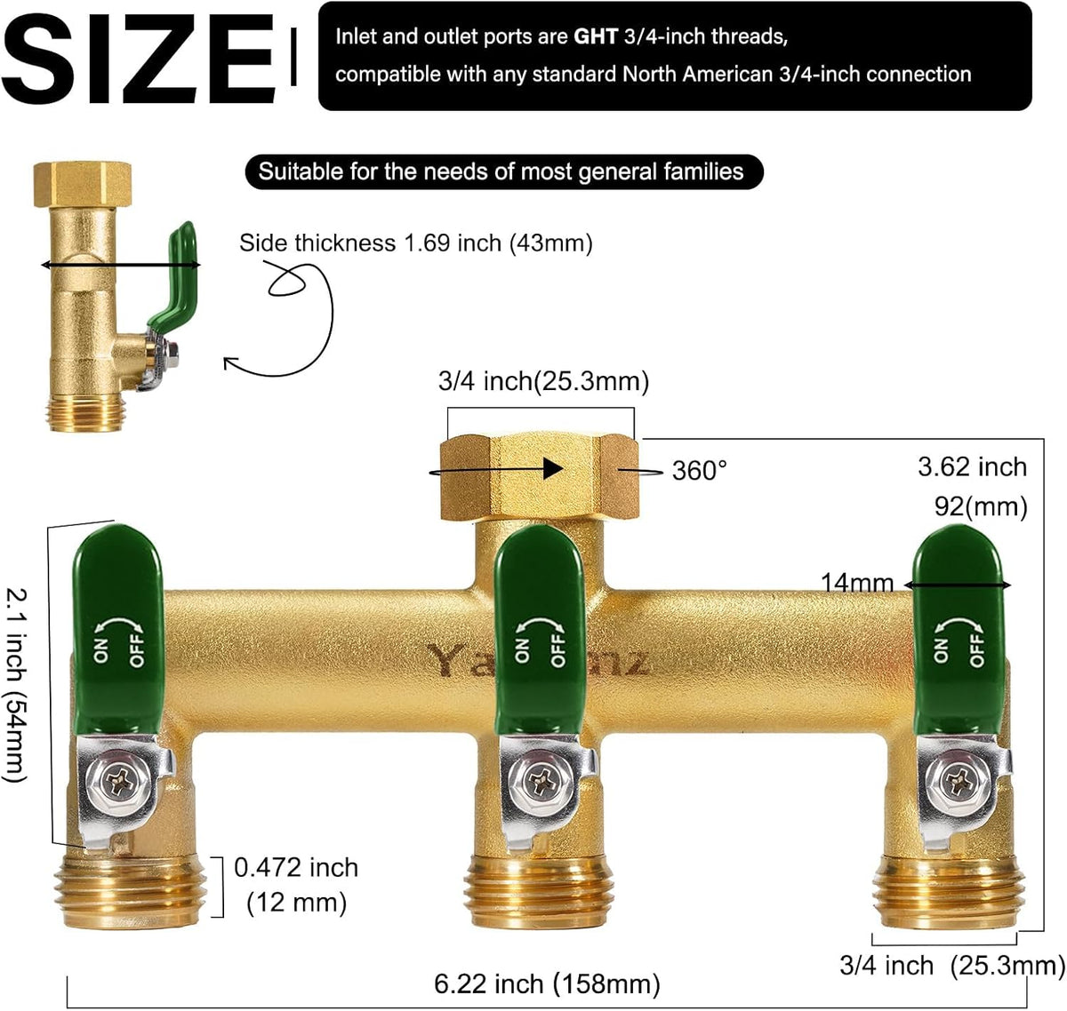 Garden Hose Splitter, 3/4” Rust and Freeze Resistant Outdoor Hose Manifold with 2 Green Extra Long Handles Faucet Adapter-Heavy Duty Brass 2-Way Valve