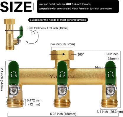 Garden Hose Splitter, 3/4” Rust and Freeze Resistant Outdoor Hose Manifold with 2 Green Extra Long Handles Faucet Adapter-Heavy Duty Brass 2-Way Valve