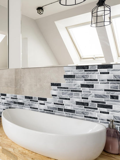 Vinyl Grey Black Tiles backsplash Wallpaper Peel and Stick,Waterproof Tile Decals for Kitchen Bathroom Restaurant Apartment Wall Renovation or Decor(25 Pcs 9.68 * 4.53 inch)