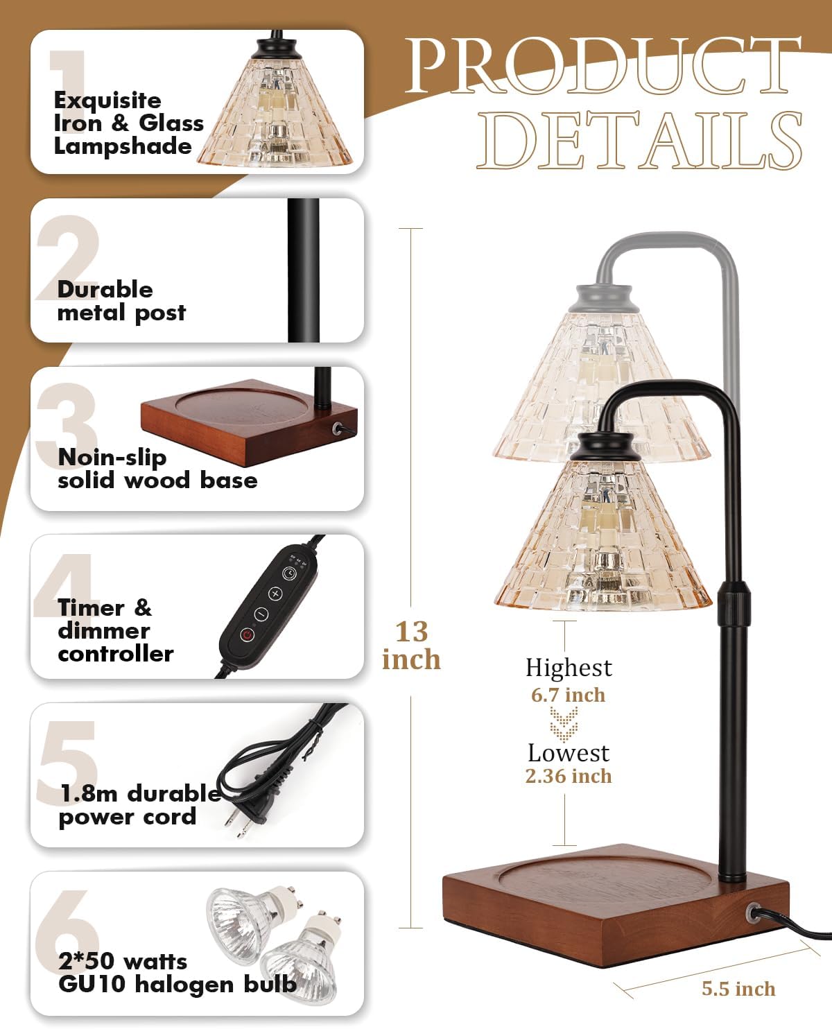 Candle Warmer Lamp Wood with Timer, Dimmable Electric Candle Lamp Warmer for Jar Candles, 2*35 Watt Bulb, Mothers Day Birthday Gifts for Women Men, Decorative Wooden Candle Lamp for Bedroom Home Decor