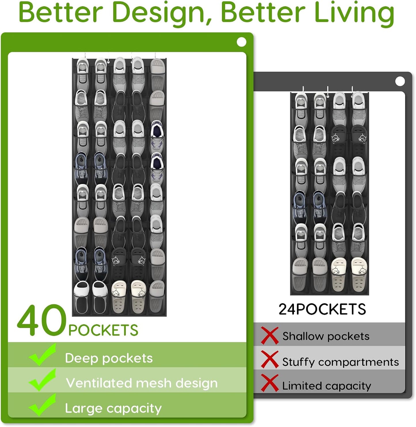 Over the Door Shoe Organizer with 40 Large Breathable Mesh Pockets, Space Saving Shoe Holder, Hanging Shoe Rack for Entryway Bedroom Closet Storage (White, 40 Pockets)