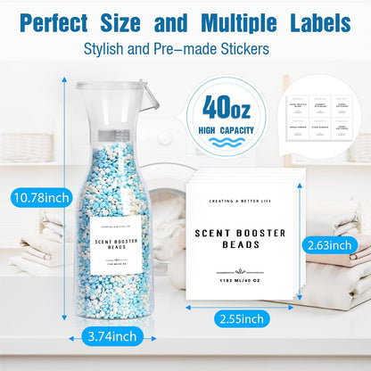 Laundry Detergent Dispenser Bottle 40oz with Waterproof Label for Laundry Detergent Soap Fabric Softener Bleach Scent Booster Beads, Sturdy PET Bottle for Laundry Room Decor 2 Pack White