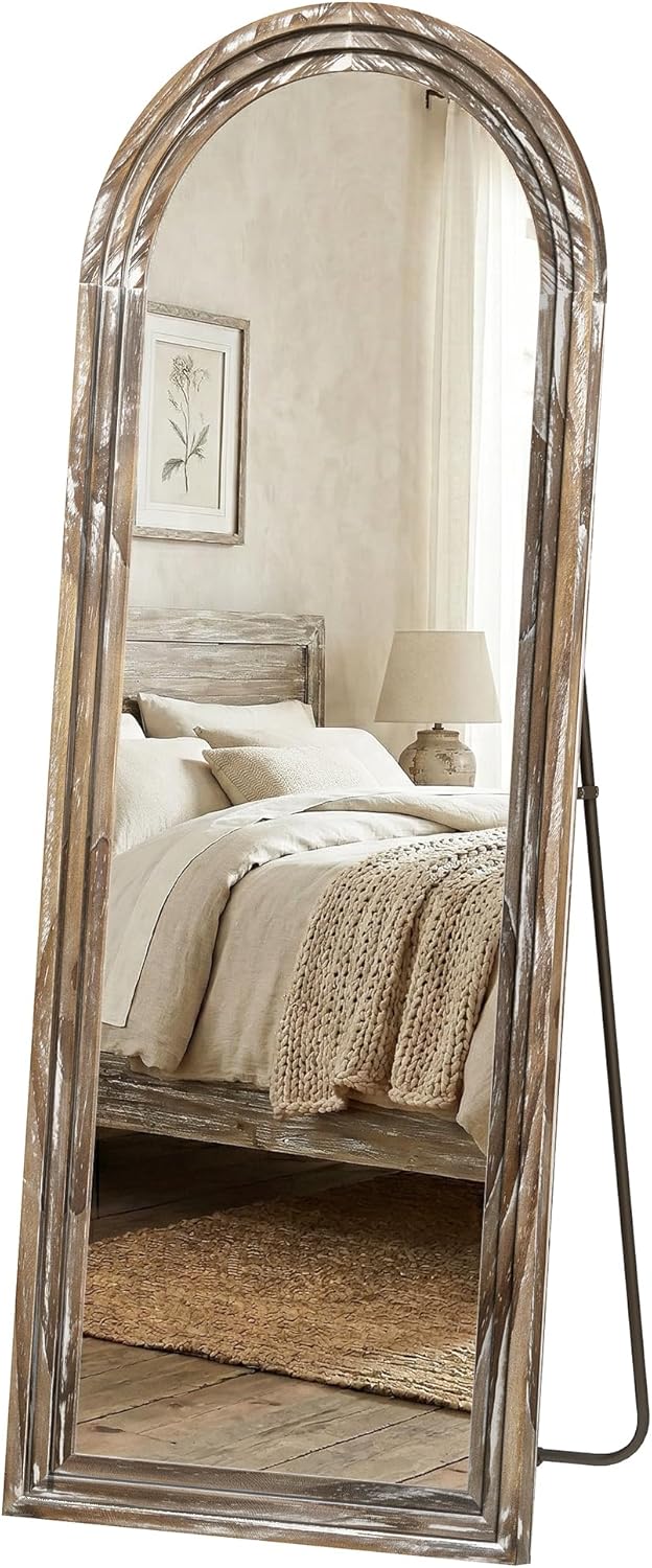 Arched Wood Floor Mirror with Stand, 63" x 21" Rustic Walnut Triple-Layer Solid Wood Frame Full Length Body Mirror, Shatterproof Tempered Glass, Wall Mounted or Leaning for Bedroom Entryway