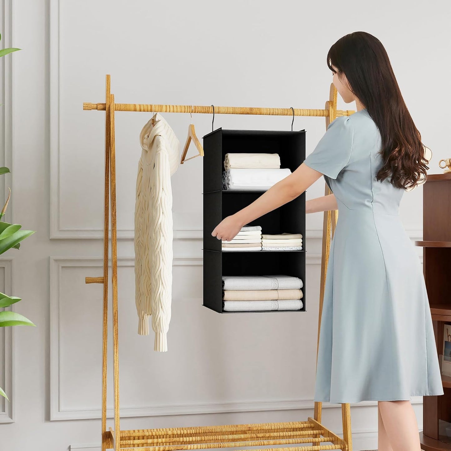Hanging Closet Organizer 3-Shelf, Oxford Fabric Wardrobe Storage, Gray | Easy-mount foldable design holds clothes, handbags, shoes & accessories; washable Oxford fabric, sturdy and space-saving.