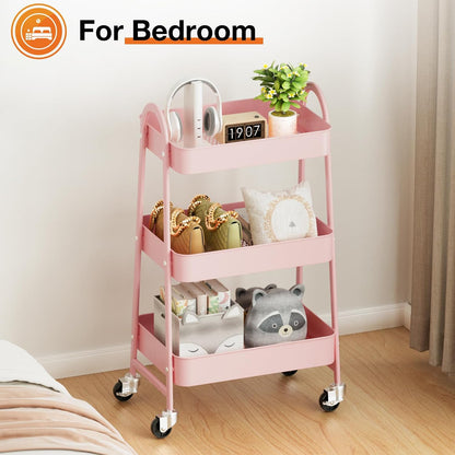 NEWBULIG 3-Tier Rolling Storage Cart, Metal Mobile Utility Organizer Shelf with Lockable Wheels, Space-Saving Freestanding Storage for Bathroom Living Room and Narrow Corner Spaces, Green