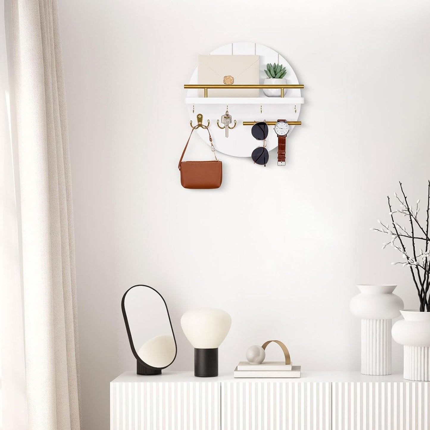 Nekon Key Holder Wall Mount, 11.8 Inch Rack With Shelf and 6 Hooks, Rustic Mail Organizer, Circular Wooden Hanger for Entryway Hallway Kitchen (Brown&Gold)