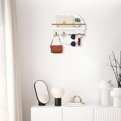 Nekon Key Holder Wall Mount, 11.8 Inch Rack With Shelf and 6 Hooks, Rustic Mail Organizer, Circular Wooden Hanger for Entryway Hallway Kitchen (Brown&Gold)