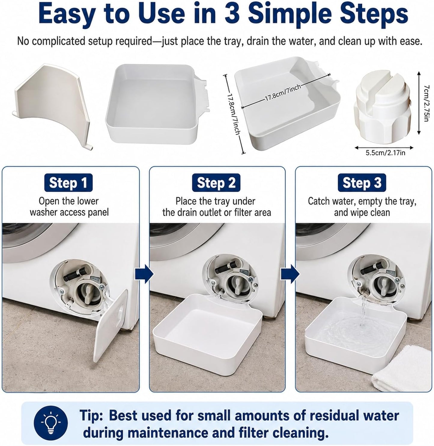 Universal Front-Load Washing Machine Drain Pan, Washing Machine Drain Tray, Leak-Proof Water Catch Drainage Tray, Easy Installation for Basements, Apartments, Mobile Homes, Garages, and Rentals