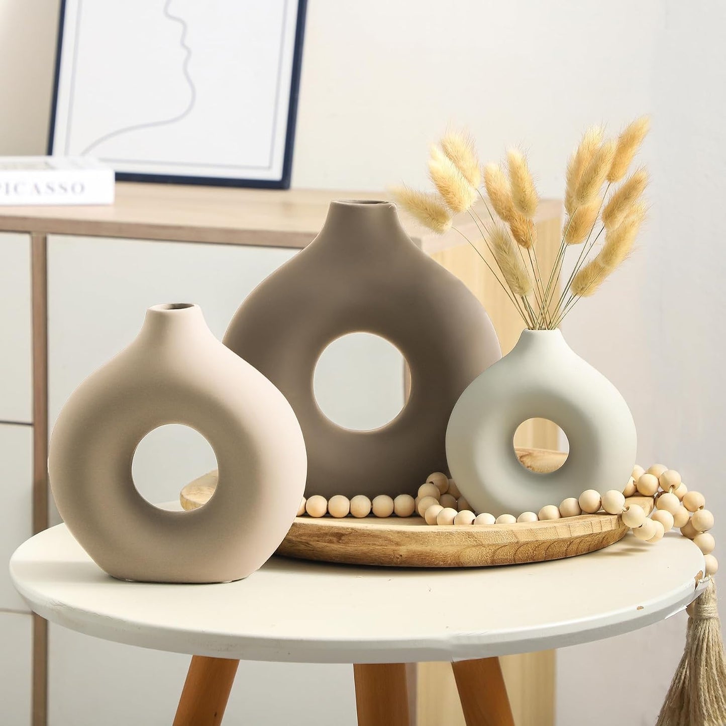 Vanselia Ceramic Vase Home Table Decor - Flower Vases Set of 3 Small Living Room Centerpiece Decorations for Shelf Bedroom Office Kitchen Dining Desk Modern Aesthetic Farmhouse Decorative (Classic)