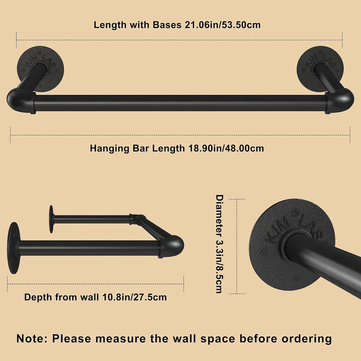 Wall Mounted Clothes Rack 31.5in, Industrial Pipe Wall Mount Clothing Rack, Heavy Duty Iron Garment Racks, Space Saver Multi-purpose Hanging Rod for Laundry Room, Closet Storage, 1 Pack