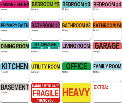 600 Count 3 x 2 Large Home Moving Packing Box Labels for 3-4 Bedroom House with Writable Notes Areas, 17 Color Coded Moving Labels for Boxes + Fragile Moving Stickers + Heavy and Blank Labels