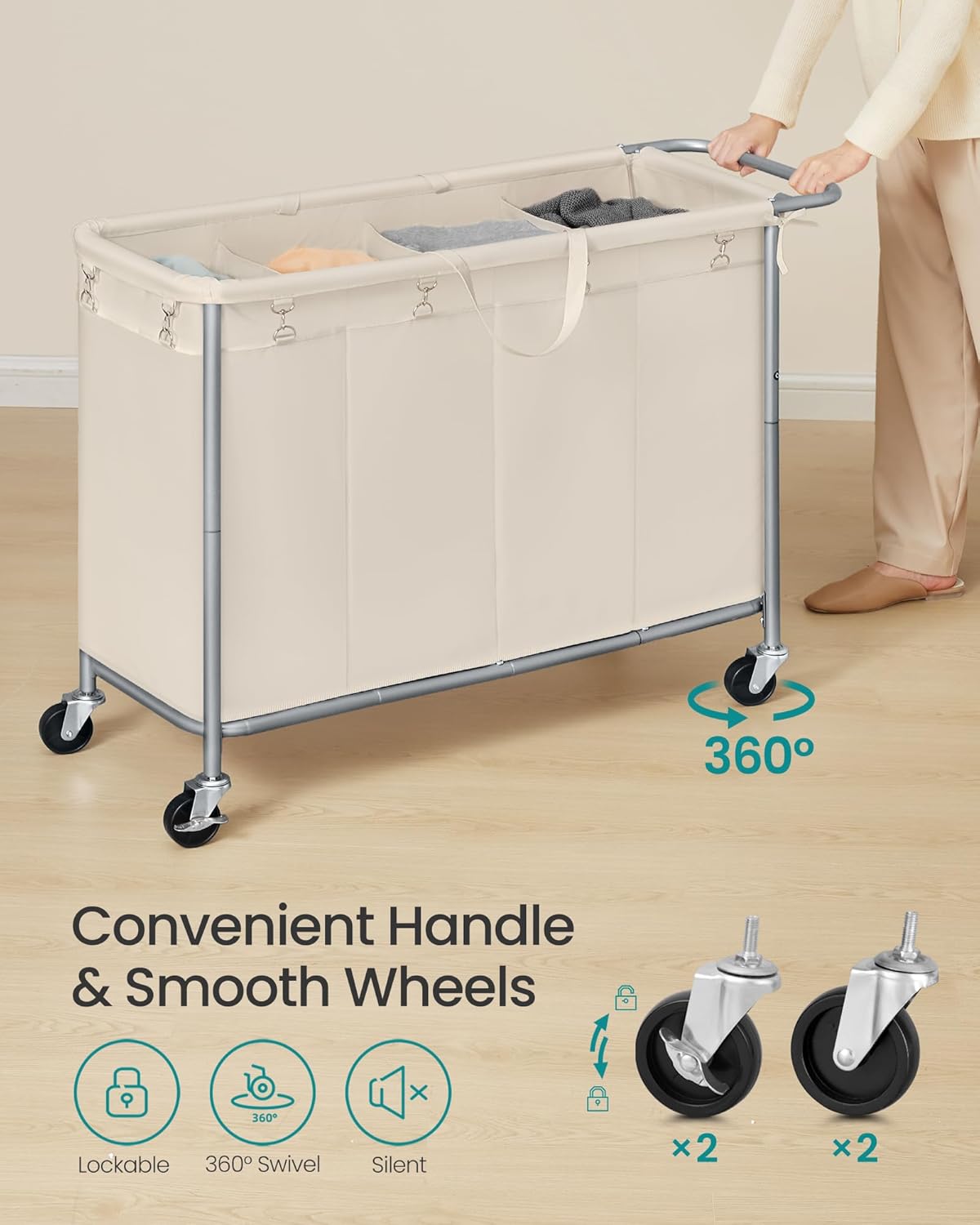 SONGMICS Laundry Basket with Wheels, 3-Section Rolling Laundry Hamper, 52.8 Gallons (200 L), Removable Liner, Steel Frame with Handle, 35.8 x 15.4 x 31.9 Inches, Cream White URLS005W01