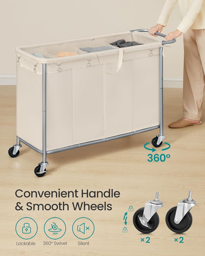 SONGMICS Laundry Basket with Wheels, 3-Section Rolling Laundry Hamper, 52.8 Gallons (200 L), Removable Liner, Steel Frame with Handle, 35.8 x 15.4 x 31.9 Inches, Cream White URLS005W01