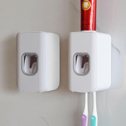 2 Slot Toothbrush Holder and Toothpaste Dispenser Wall Mounted, Automatic Toothpaste Squeezer, 2 in 1 Tooth Brush Toothpaste Organizer for Shower (Grey)