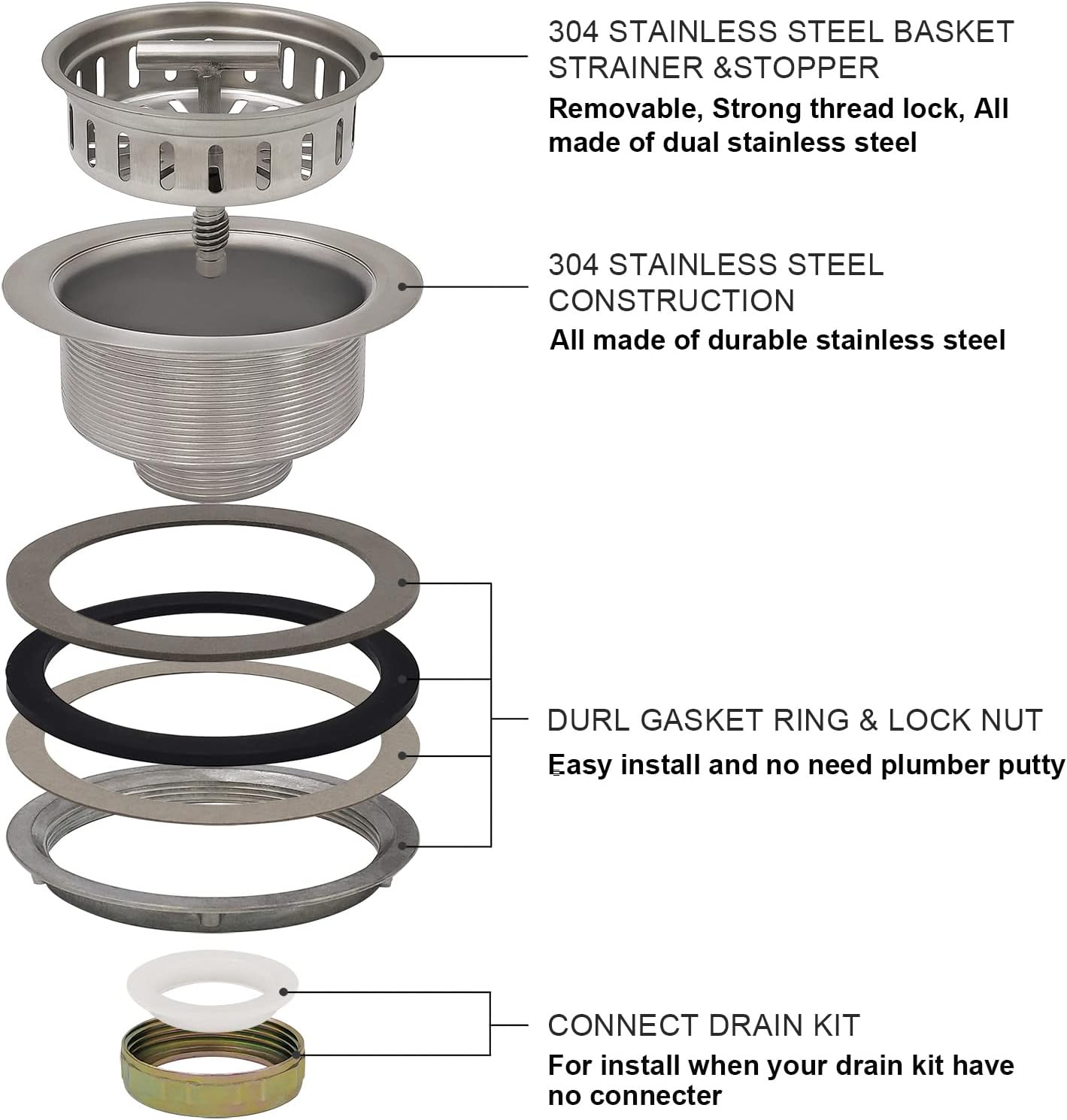 EADOT 3-1/2 Inch Brushed Nickel Sink Strainers for Kitchen Sink, Stainless Steel Kitchen Sink Drain Strainer Assembly with Strainer Basket And Drain Stopper, US Standard Kitchen Sink Drain Replacement