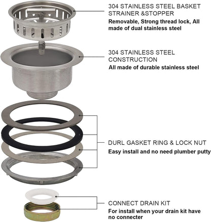 EADOT 3-1/2 Inch Brushed Nickel Sink Strainers for Kitchen Sink, Stainless Steel Kitchen Sink Drain Strainer Assembly with Strainer Basket And Drain Stopper, US Standard Kitchen Sink Drain Replacement