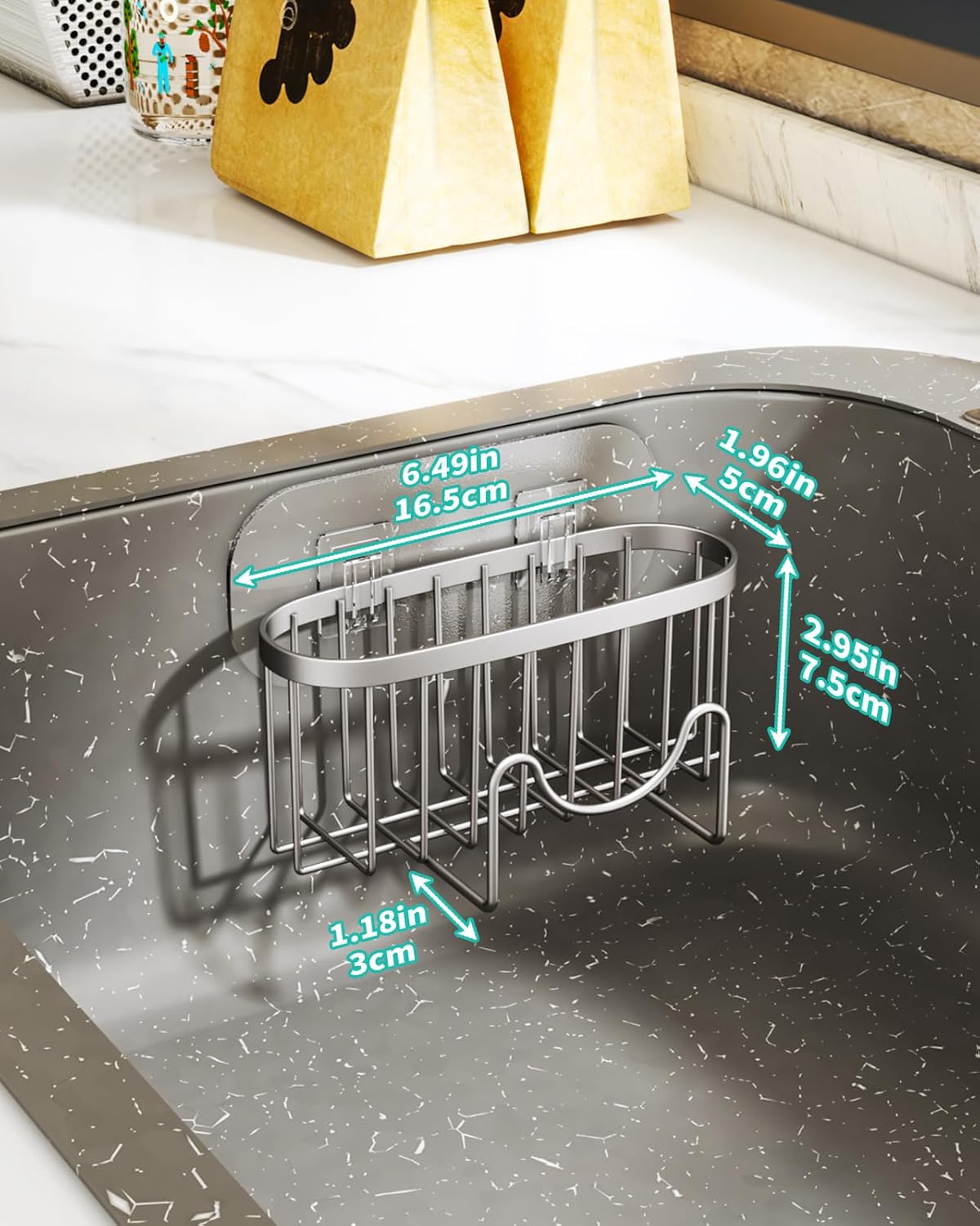HapiRm Multifunctional Sponge Holder with Unique M-Shaped, 2 Installation Methods Kitchen Sink Caddy Organizer, Rustproof Stainless Steel Kitchen Organizers and Storage Essentials - Black