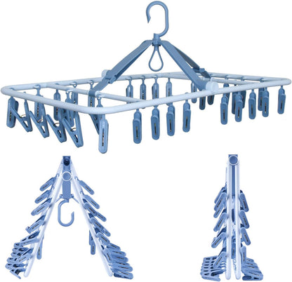 Foshine Foldable Clip Hangers Plastic Blue with 32Pcs Drying Clips | Drip Hanger Foldable Wind-Proof Hook For Underwear Socks Bras Lingerie Clothes