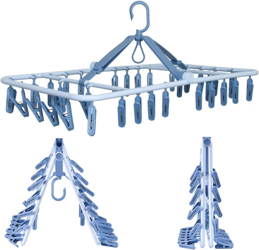 Foshine Foldable Clip Hangers Plastic Blue with 32Pcs Drying Clips | Drip Hanger Foldable Wind-Proof Hook For Underwear Socks Bras Lingerie Clothes