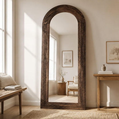 ZHUNFA Arched Full Length Mirror with Solid Wood Frame | 65x22 Farmhouse Wall Mirror Full Length with Stand, Vertical Hanging, Leaning Standing for Bedroom,Living Room, Rustic White