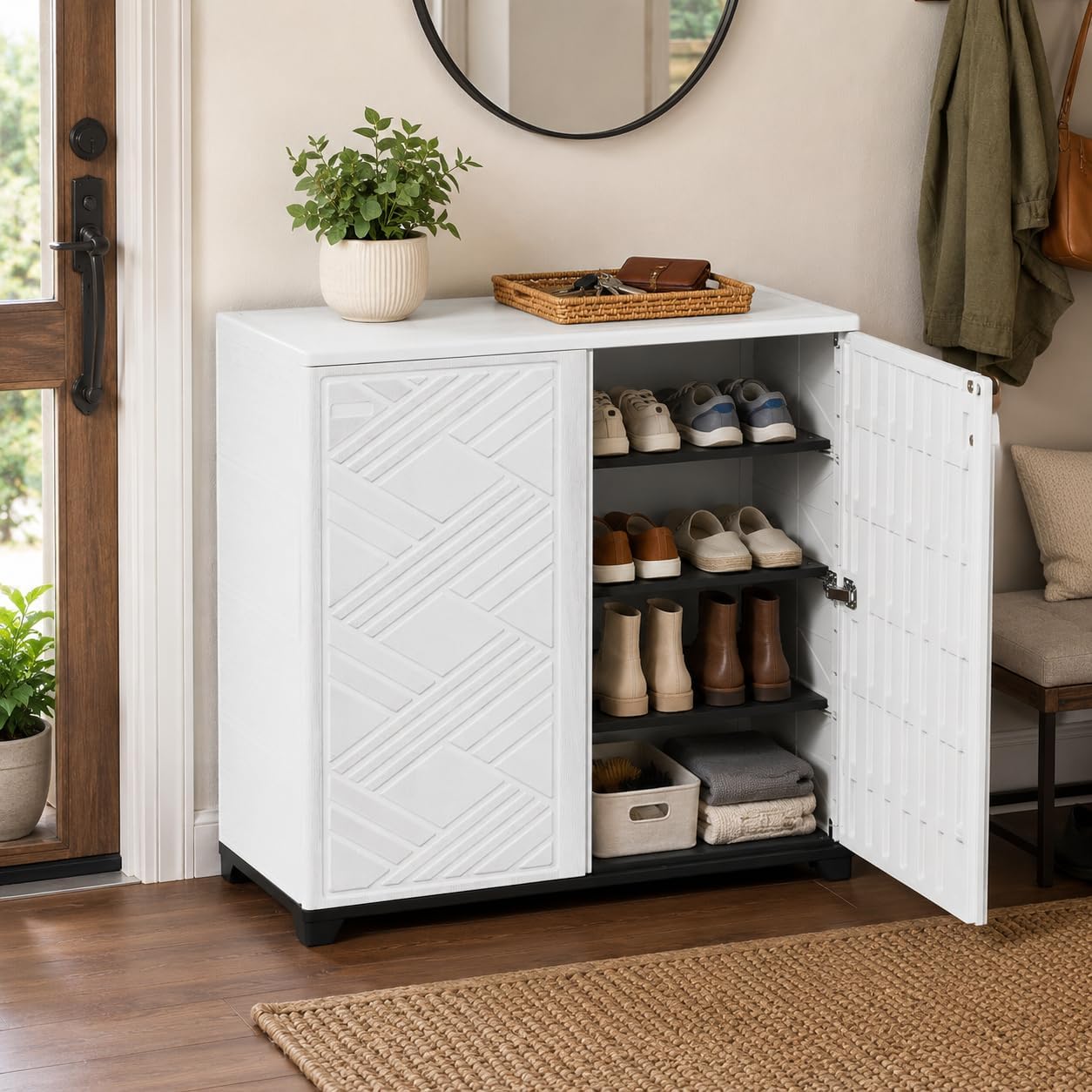 ADDOK Outdoor Storage Cabinet,60 Gallon Waterproof Resin Patio Storage Cabinet with 1 Adjustable Metal Shelf, Upright Outdoor Cabinet for Garden Tools, Pool Supplies, Toys, Porch and Garage