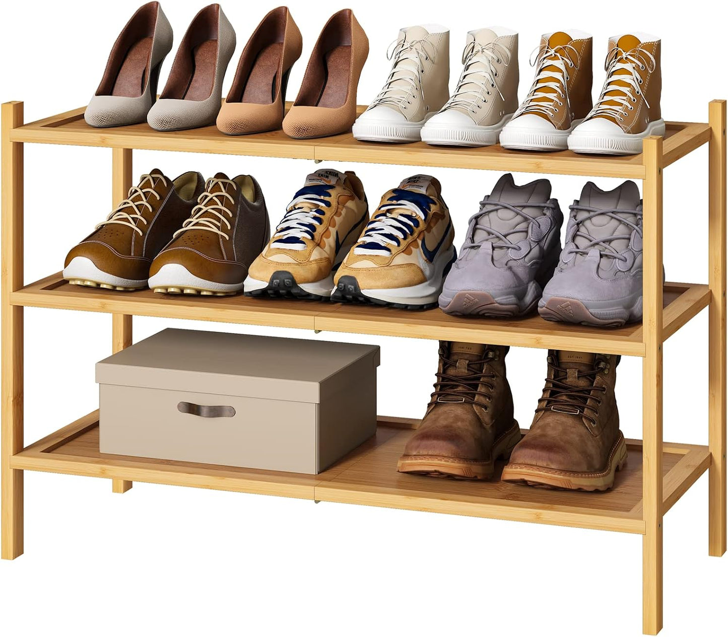 kiplant Small Shoe Rack, 4-Tier Bamboo Wood Shoe Rack for Entryway, Stackable Shoe Organizer for Hallway Closet, Free Standing Shoe Racks for Indoor & Outdoor