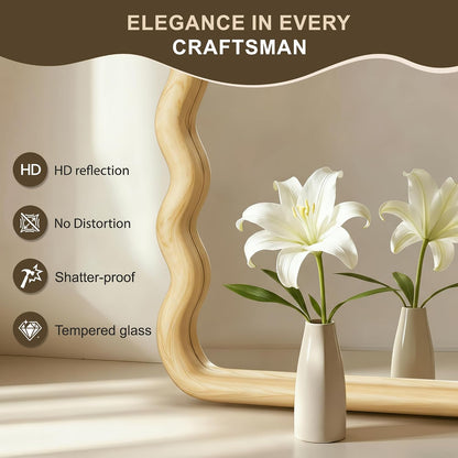 Full Length Mirror, 55"x28" Boho Wavy Wood Floor Mirror, for Bathroom, Bedroom, Living Room, Cloakroom, Entryway