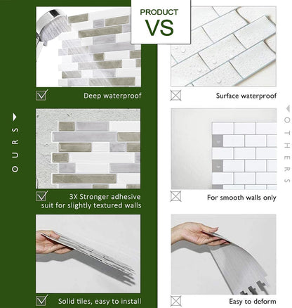STICKGOO Thicker Design Peel and Stick, Self Adhesive Stick On Tile Backsplash for Kitchen and Bathroom, Beige & White, 12”×12”, 10 Sheets