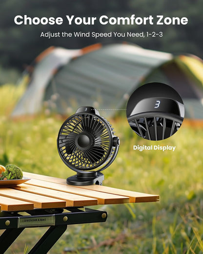 Koonie Portable Clip On Fan, Small Rechargeable Battery Operated, 3 Speed Mini clamp Fan With LED Display, 360° Rotate Personal Cooling Desk Fan for Stroller Bed Travel Camping Golf Gym