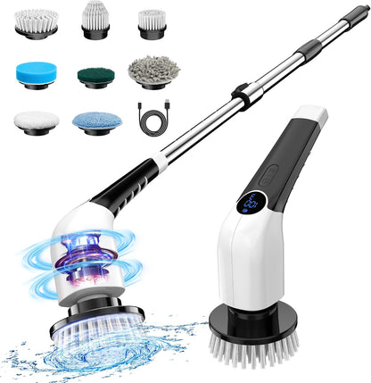 KEIMI Electric Spin Scrubber, Cordless Shower Cleaning Brush with 8 Replaceable Brush Heads, 3 Speeds, Extension Handle, Digital Display, IPX7 Power Scrubber for Bathroom, Tub, Tile and Floor