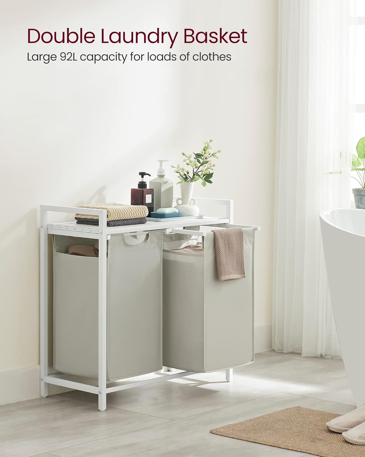 VASAGLE Laundry Hamper, Laundry Basket Sorter with 3 Pull-Out and Removable Bags, Shelf, Metal Frame, 3 x 10.6 Gallons (40 L), 36.4 x 13 x 28.4 Inches, Cappuccino Beige and Natural Beige UBLH301LH01