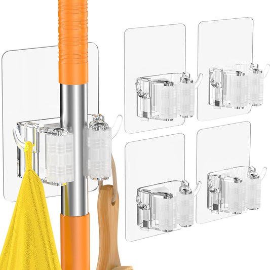 8 PackBroom Holder Wall Mount, New Version Adhesive Mop and Broom Holder Wall Mount, Super Anti-Slip Broom Hanger Mop Organizer Wall Hanging for Bathroom, Kitchen, Laundry Room