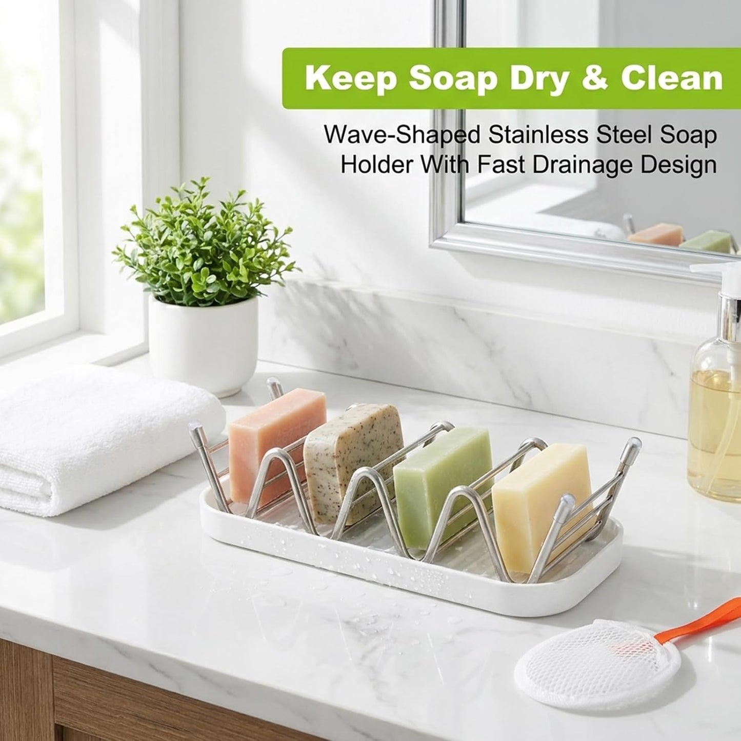 Multi-Purpose Wave Shampoo Bar Holder, Shampoo Bar Holder with Removable Drip Tray & Lather Net, Self Draining Quick Dry Bar Soap Holder for Shampoo Bars & Soap (3-Slot)