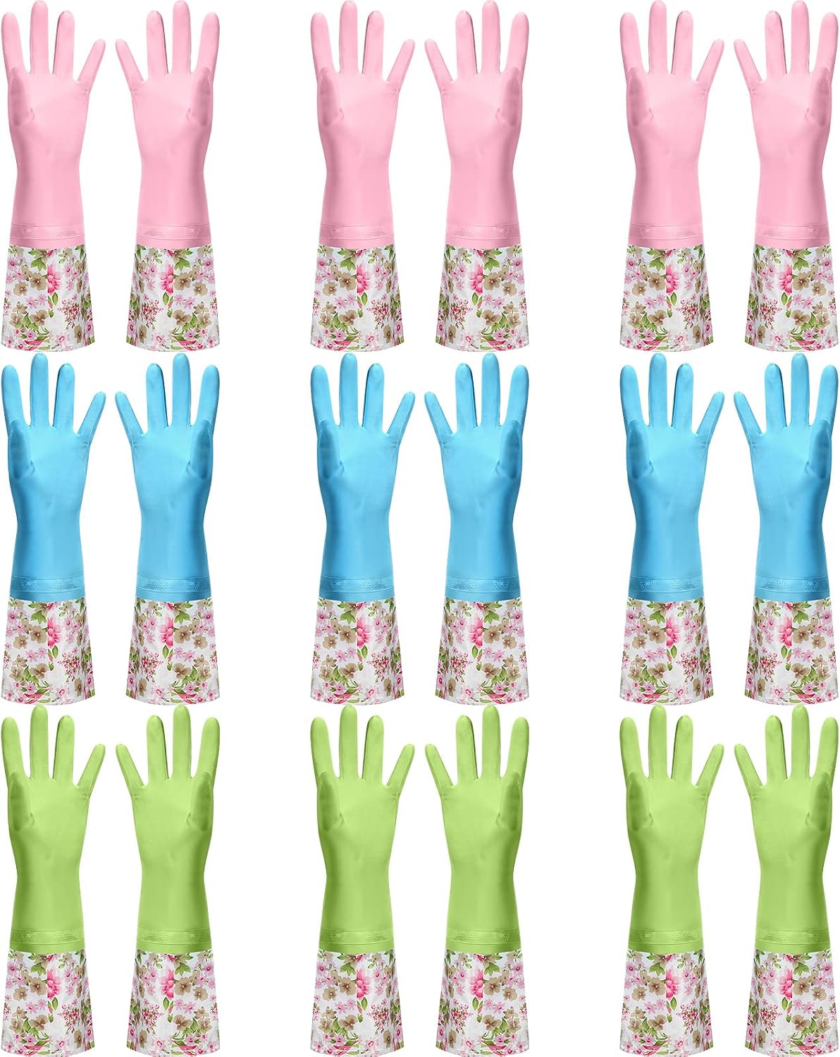 Mimorou 9 Pairs Household Dishwashing Rubber Gloves Long Cuff and Flock Lining Cleaning Gloves Reusable Waterproof