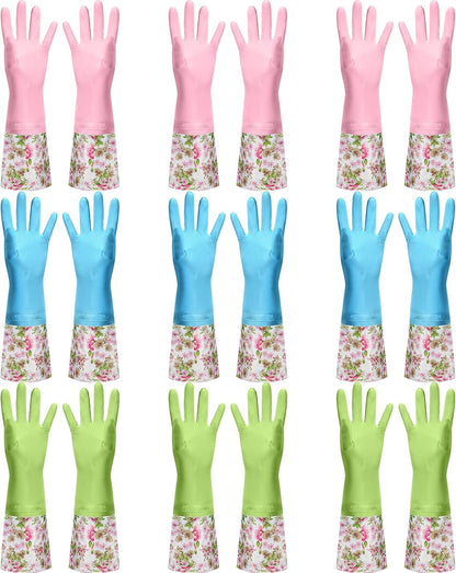 Mimorou 9 Pairs Household Dishwashing Rubber Gloves Long Cuff and Flock Lining Cleaning Gloves Reusable Waterproof