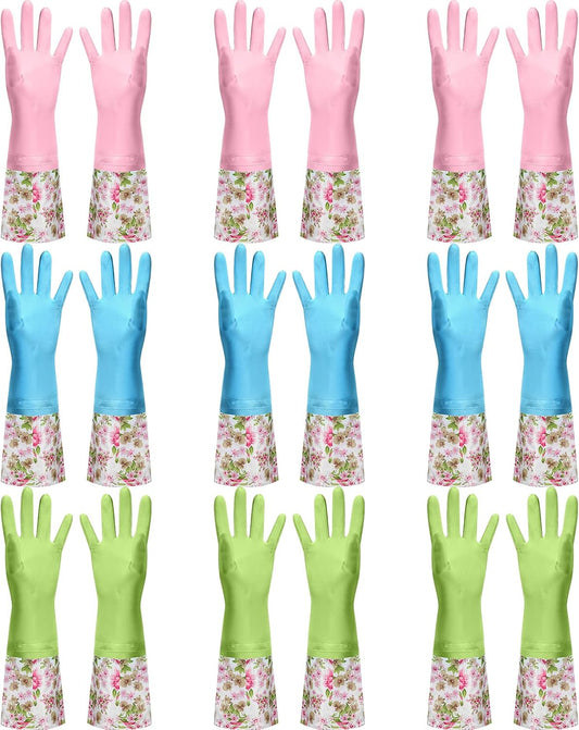 Mimorou 9 Pairs Household Dishwashing Rubber Gloves Long Cuff and Flock Lining Cleaning Gloves Reusable Waterproof