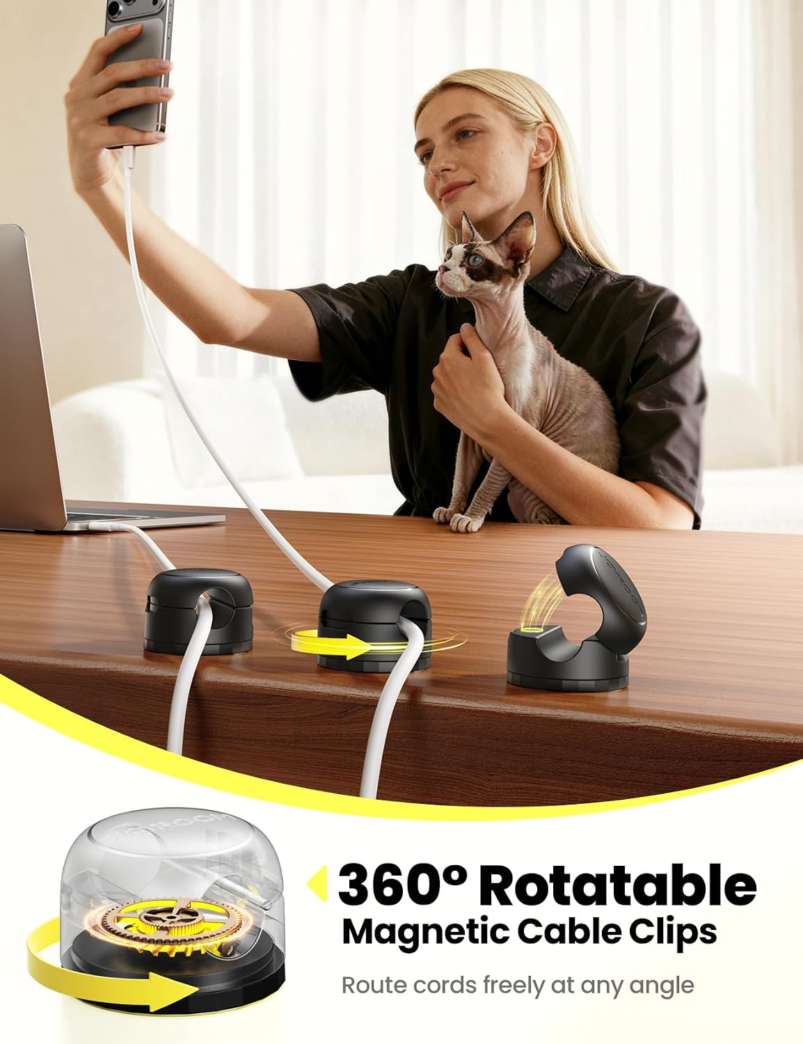 8-Pack JOYROOM Magnetic Cable Clips Organizer [Cord 360° Rotatable] Wire Keeper Holder with Strong Adhesive, Nightstand Desk Cable Management Phone Charger Holder for Car Wall Home Office Accessories