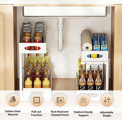 2 Pack Under Sink Organizer, 3-Tier Pull Out Kitchen Cabinet Organizer with 5 Adjustable Heights Metal Slide Out Bathroom Storage Makeup Drawer Rack for Bedroom Office Pantry Home Organization, White