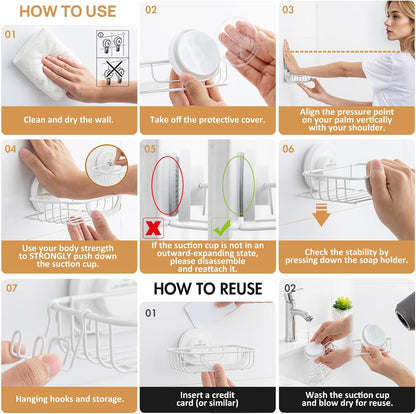 LEVERLOC Bar Soap Holder for Shower with Hooks, Suction Cup Soap Dish Rustproof Stainless Steel for Bathroom Accessories, Sponge Saver Black