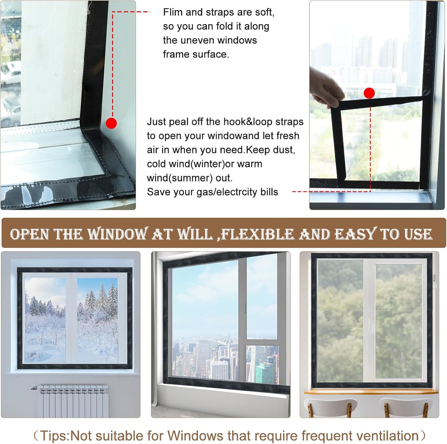 Window Insulation Kit for Winter Adjustable Plastic Insulated Window Cover Sealer Reusable Thermal Thicken Clear Insulation Wrap Transparent Film with Hook and Loop Tape for Winterizing 48'' x 63''