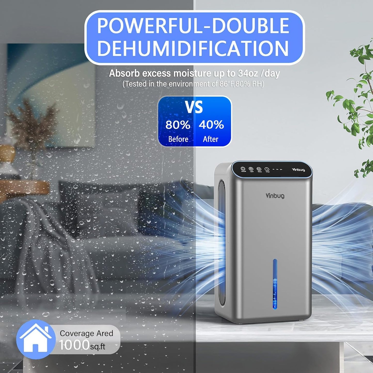 Dehumidifier for Home (98 OZ, 1000 sq ft), Small Quiet Dehumidifiers with Drain Hose, Auto Shut-Off, Sleep Mode, 3 Timer Modes, for Bedroom, Bathroom, Basement (CT6-Deep Black)