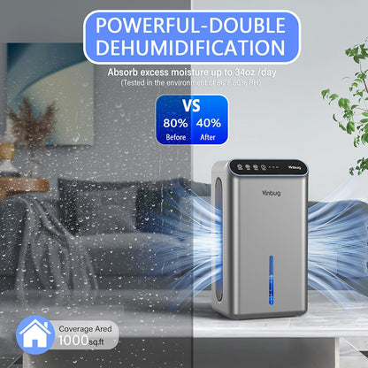 Dehumidifier for Home (98 OZ, 1000 sq ft), Small Quiet Dehumidifiers with Drain Hose, Auto Shut-Off, Sleep Mode, 3 Timer Modes, for Bedroom, Bathroom, Basement (CT6-Deep Black)