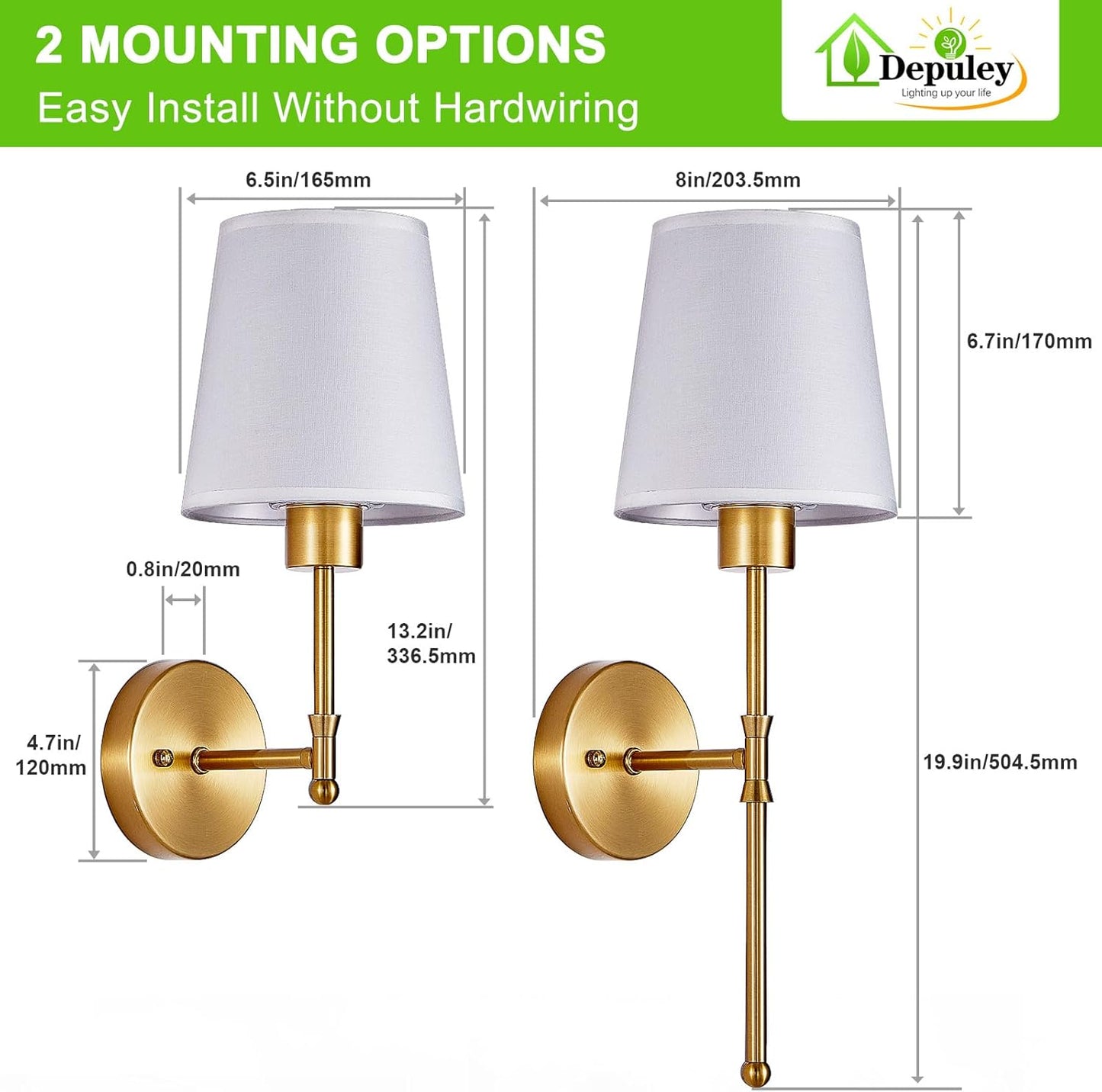 Depuley Battery Operated Wall Sconce: Set of 2 Wireless Wall Lights with 10000mAh Dimmable Bulbs and Remote for Bedroom - Rechargeable 15 Colors Gold Wall Lamp for Living Room Hallway
